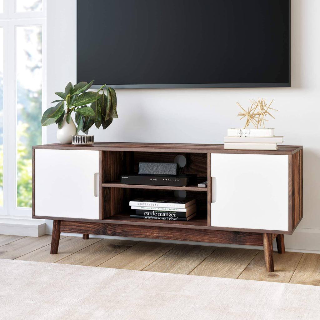 Brown Scandinavian TV Stand with White Cabinet Doors E59084