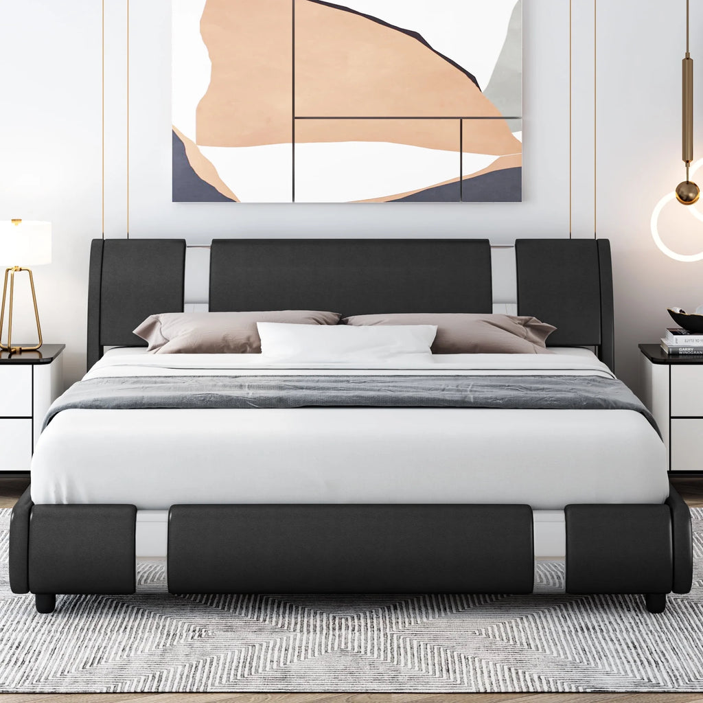 Full Size Leather Upholstered Platform Bed Frame with White Headboard F848