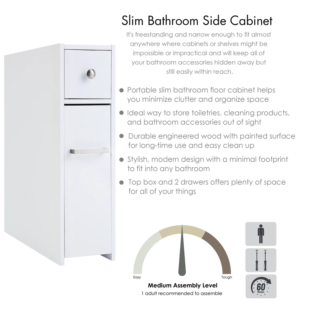 Slim White Bathroom Storage Cabinet with Slide Out Drawer K2489