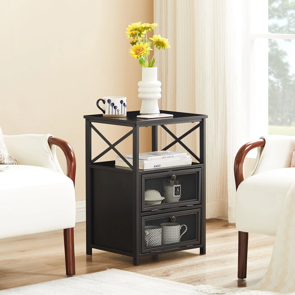 3-Piece Twin Bedroom Set with Metal Platform Bed Frame and 2 Black Nightstands K5663