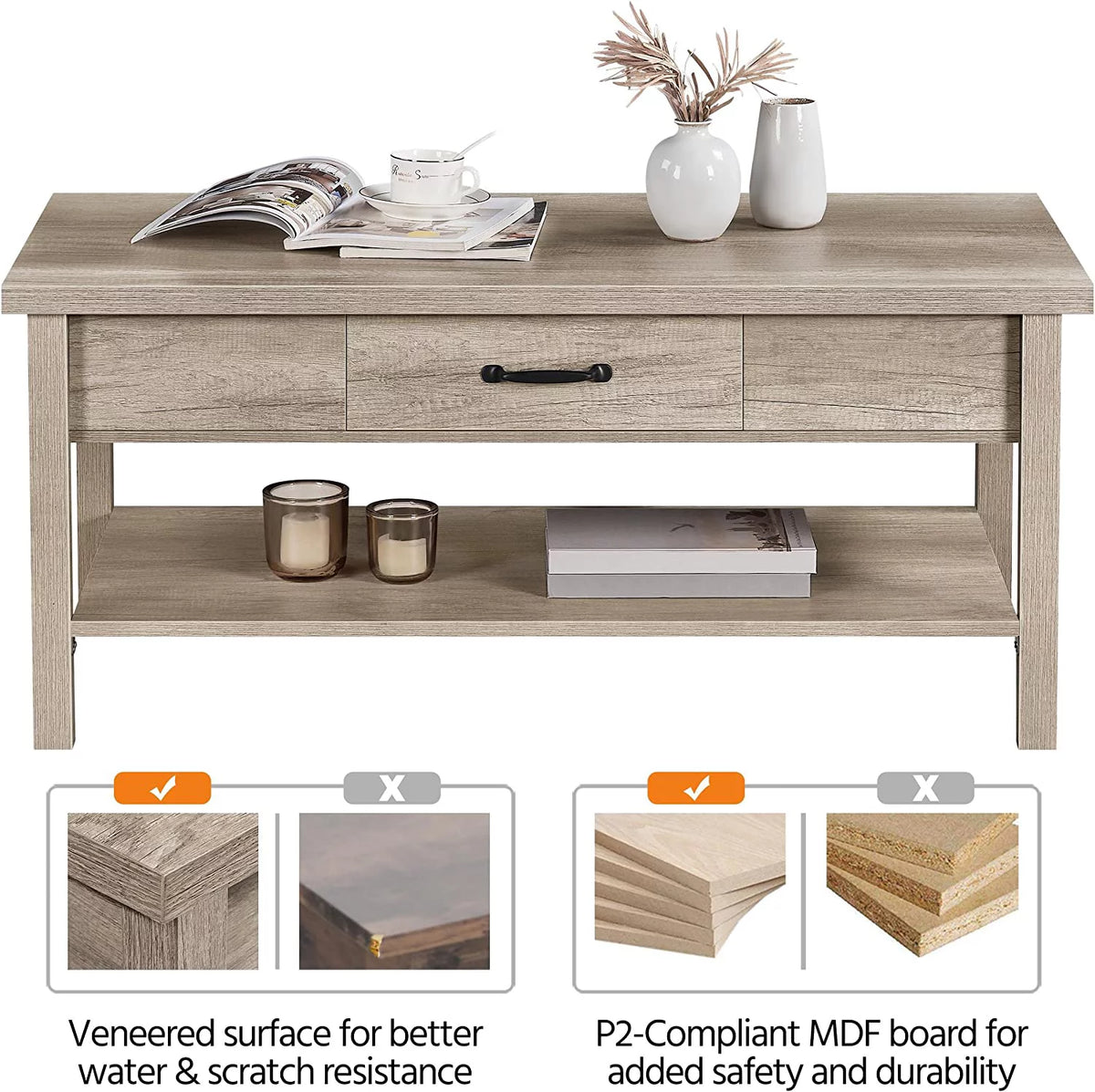 43in Lift Top Coffee Table with Storage Drawer L8836