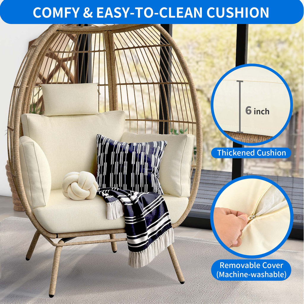 Oversized Wicker Egg Chair with Stand and Beige Cushions L411
