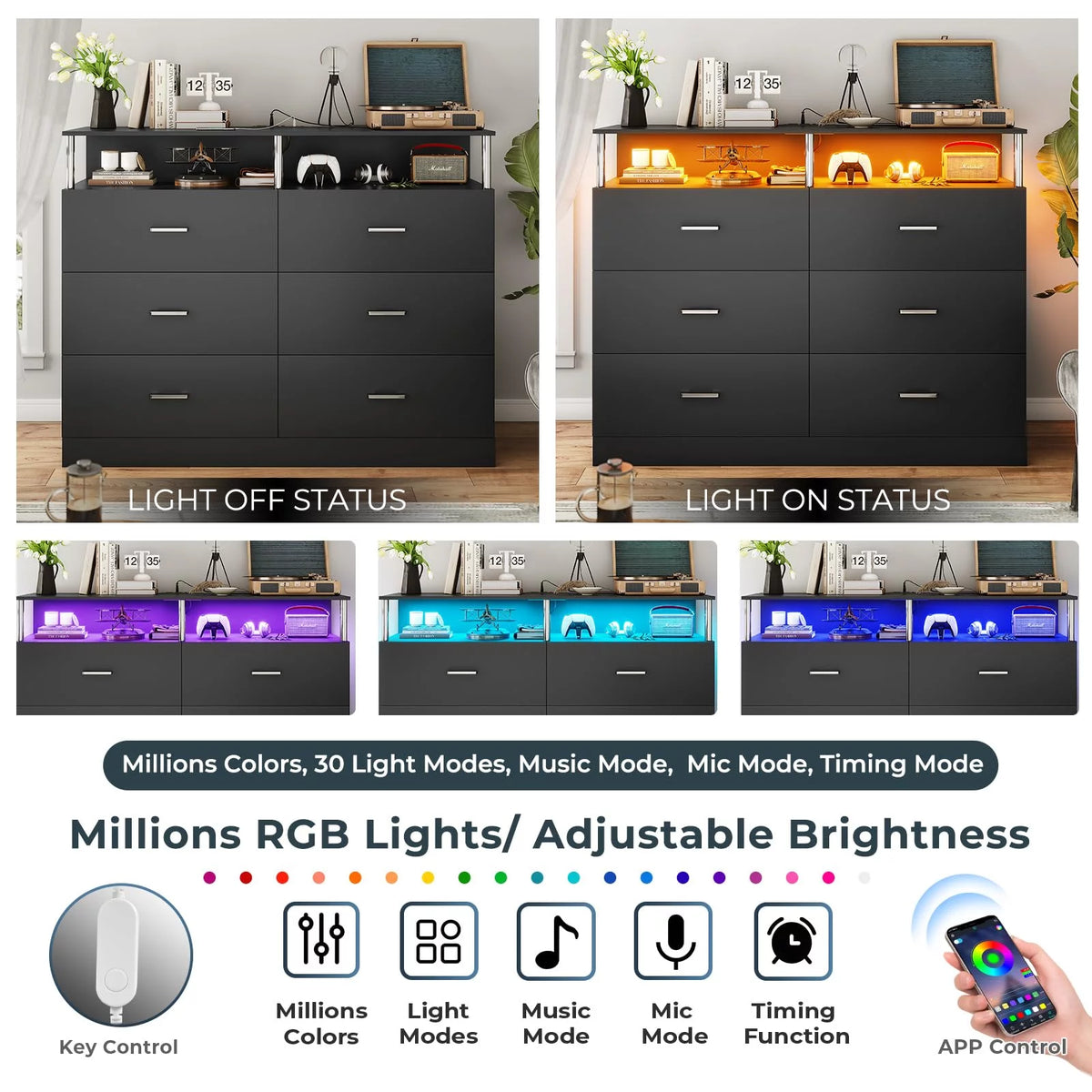Black 6 Drawer Dresser with Charging Station F3287
