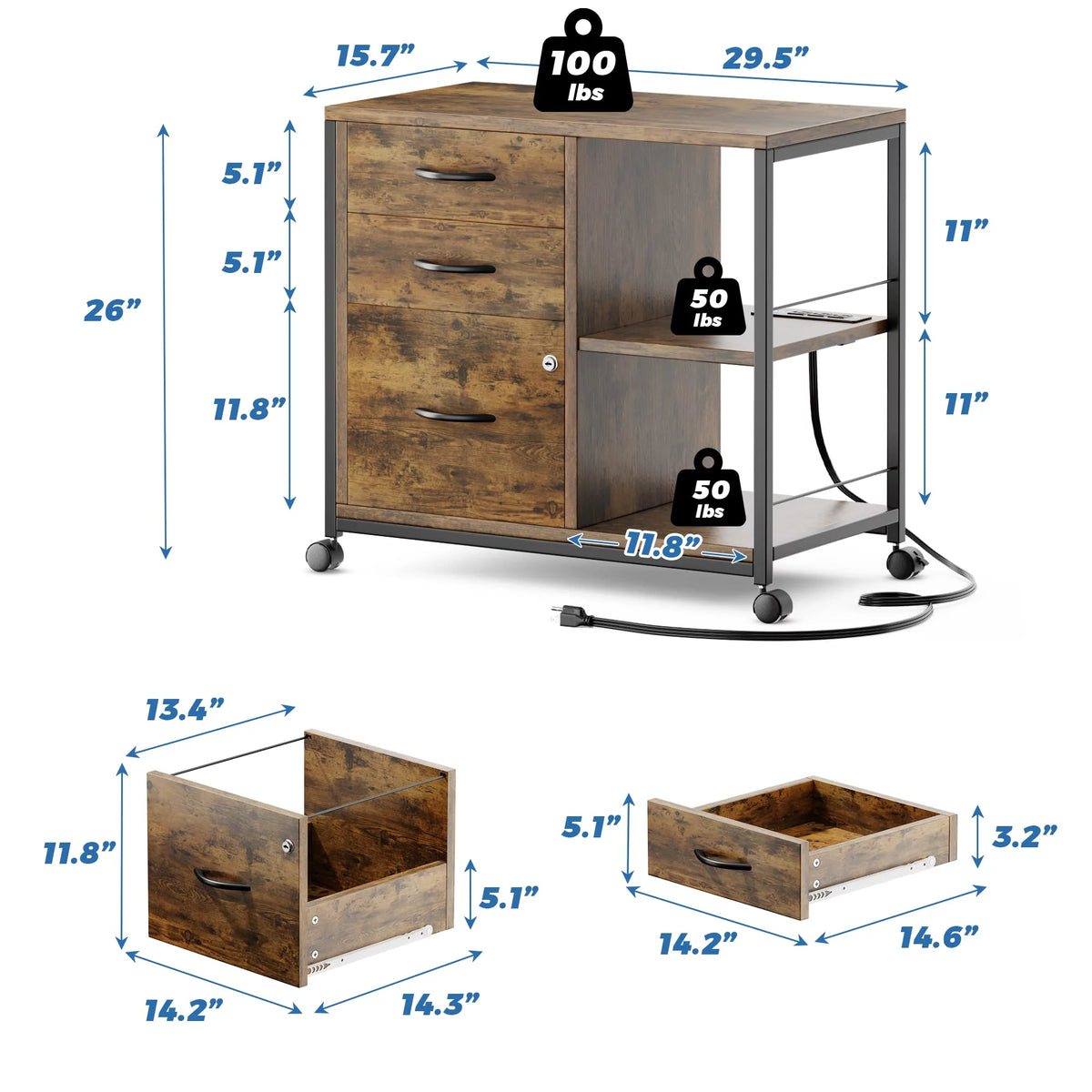 Brown 3 Drawer Wood File Cabinet with USB Charging Ports T78948