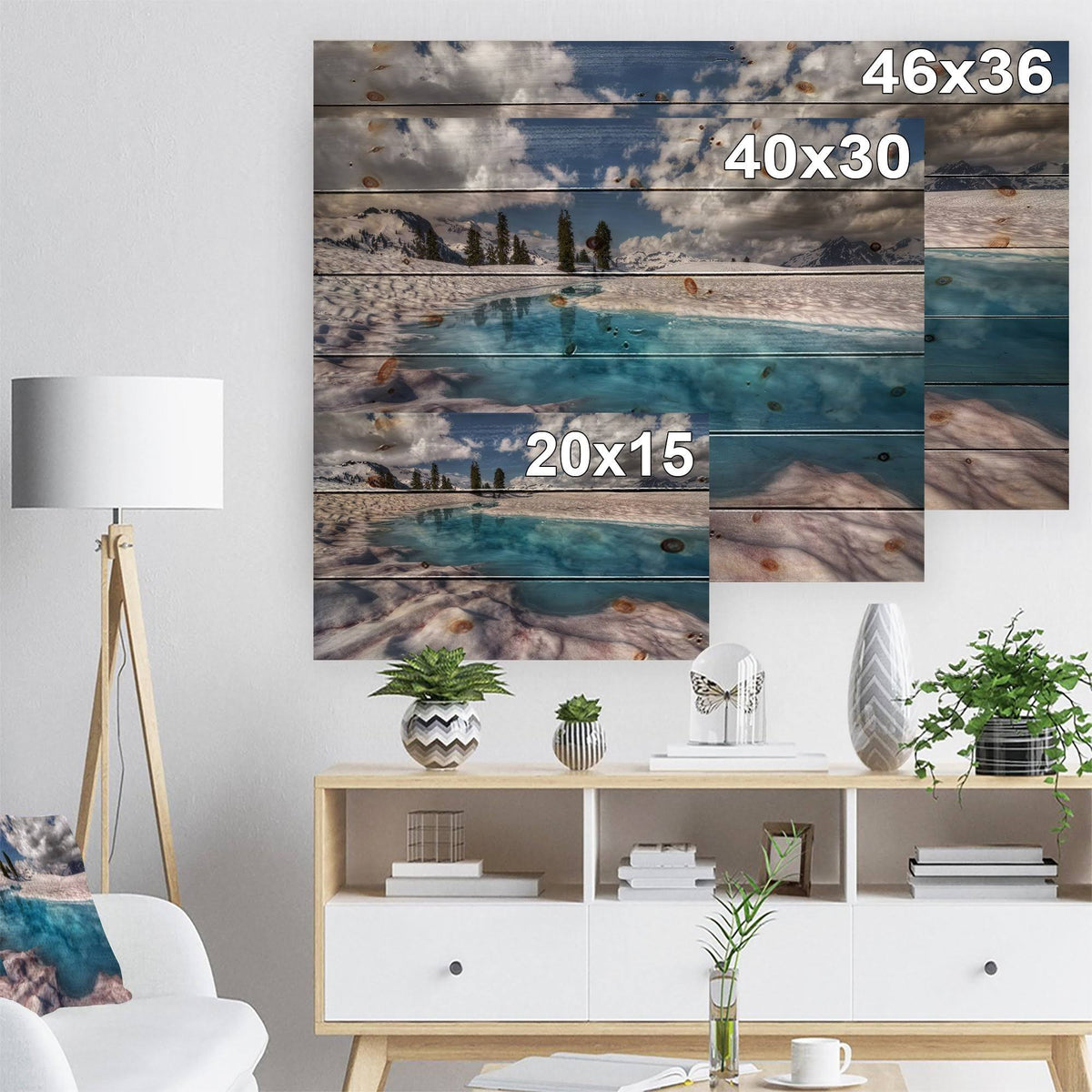 Blue Melt Lake in Fog Landscape Print on Natural Pine Wood 40 in. Wide x 30 in. High L6708