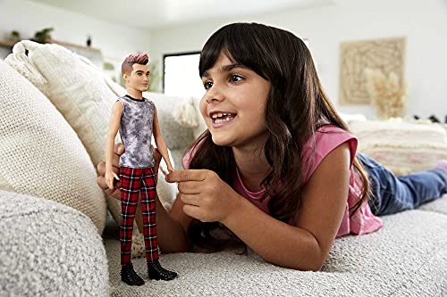 Barbie Ken Fashionistas Doll with Sculpted Brunette Ombre-Tipped Hair Wearing Sleeveless Tie-dye Shirt, Red Plaid Pants & Black Boots L442816