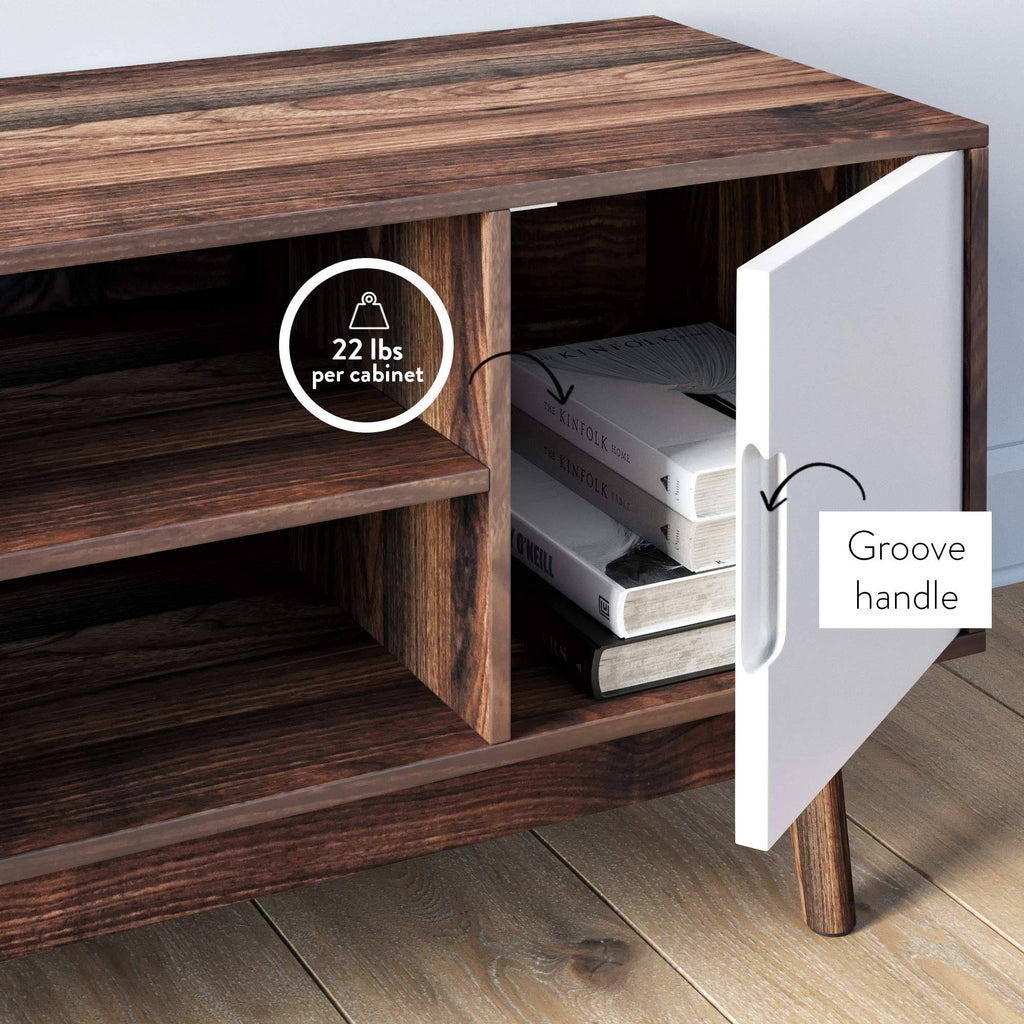 Brown Scandinavian TV Stand with White Cabinet Doors E59084