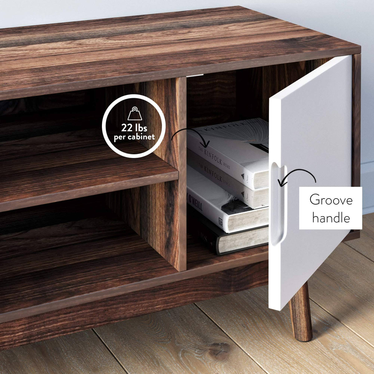 Brown Scandinavian TV Stand with White Cabinet Doors E59084