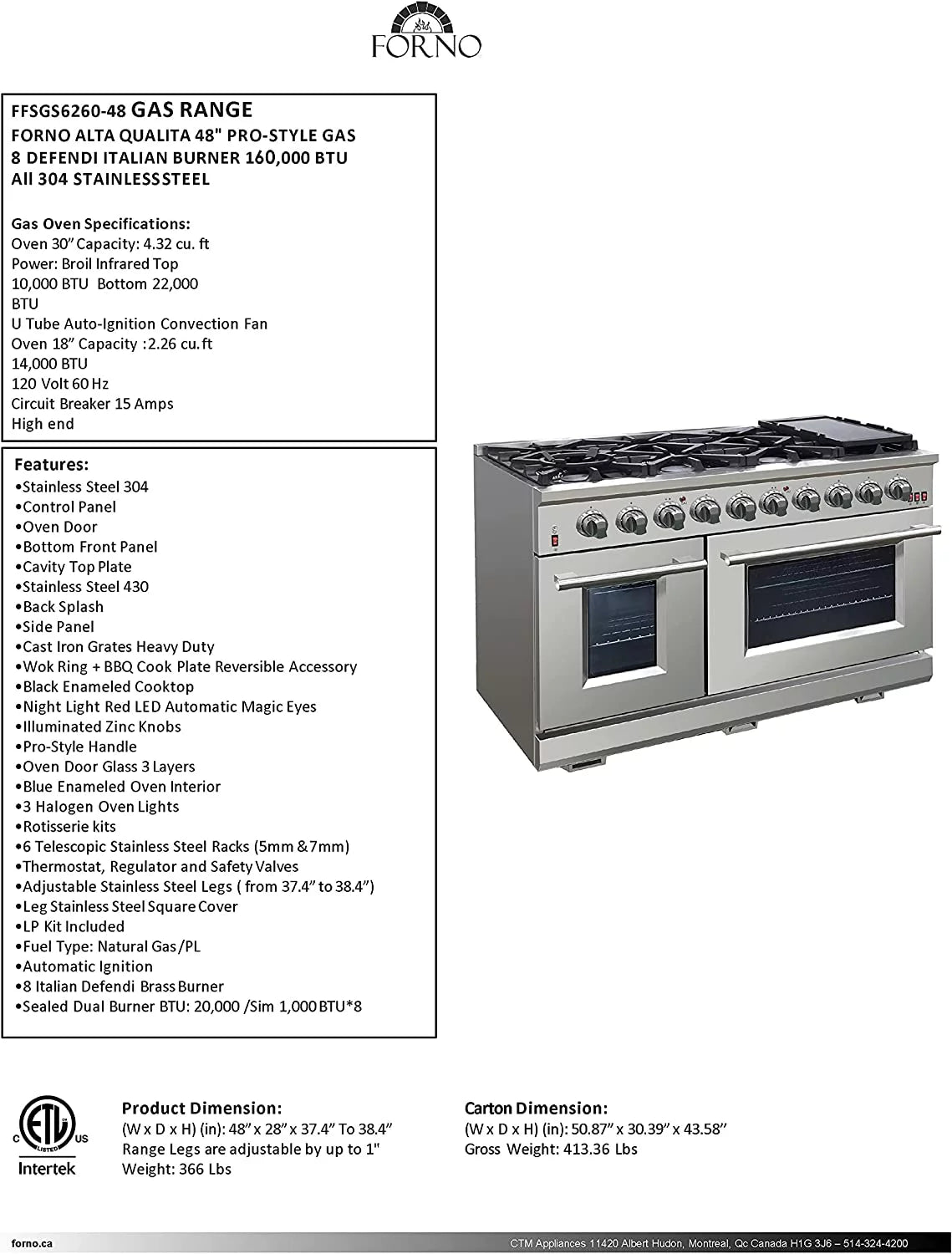 48-inch 8-Gas Burner Freestanding Range with Dual Oven in Stainless Steel A663146