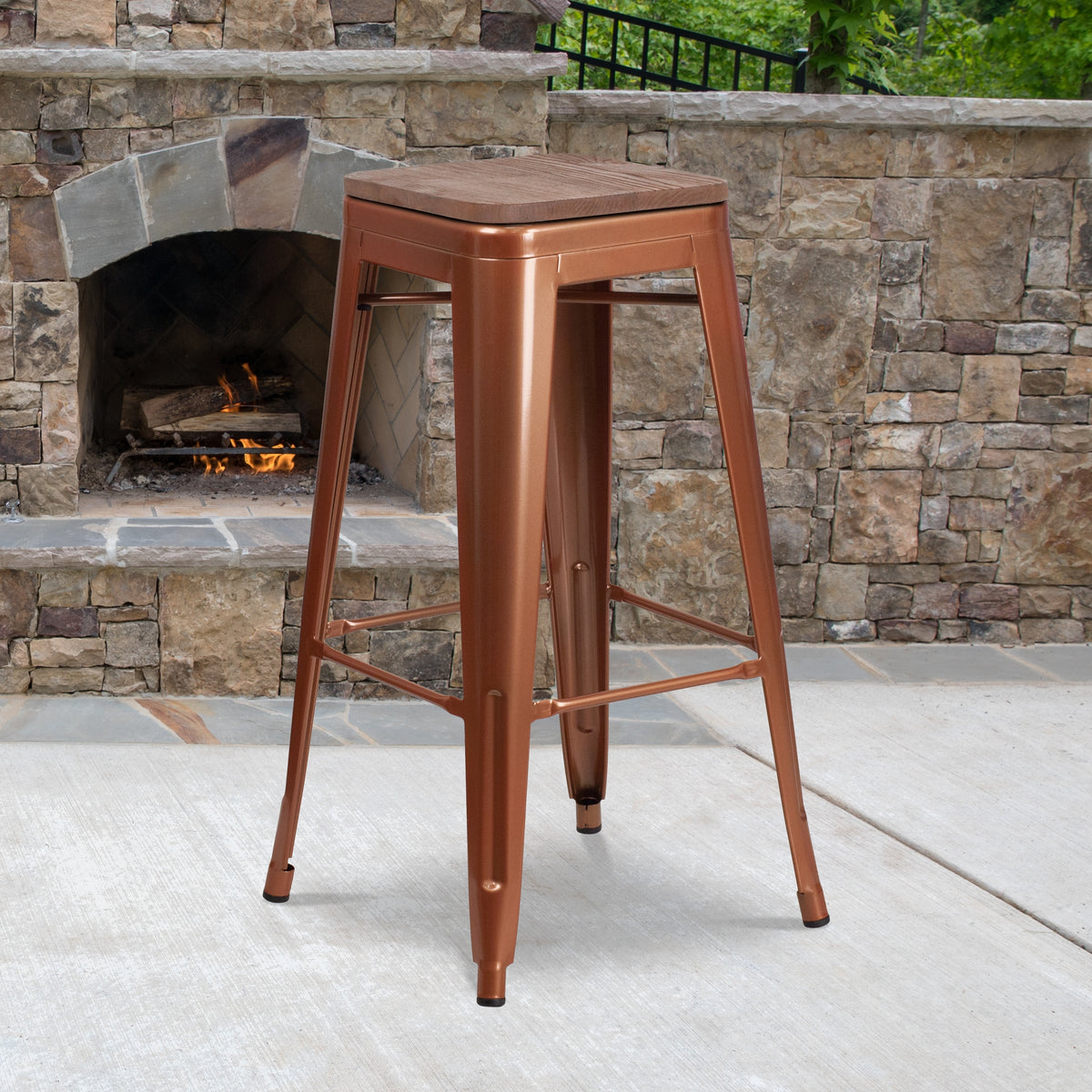 Copper Square Wood Seat Barstool Z2504