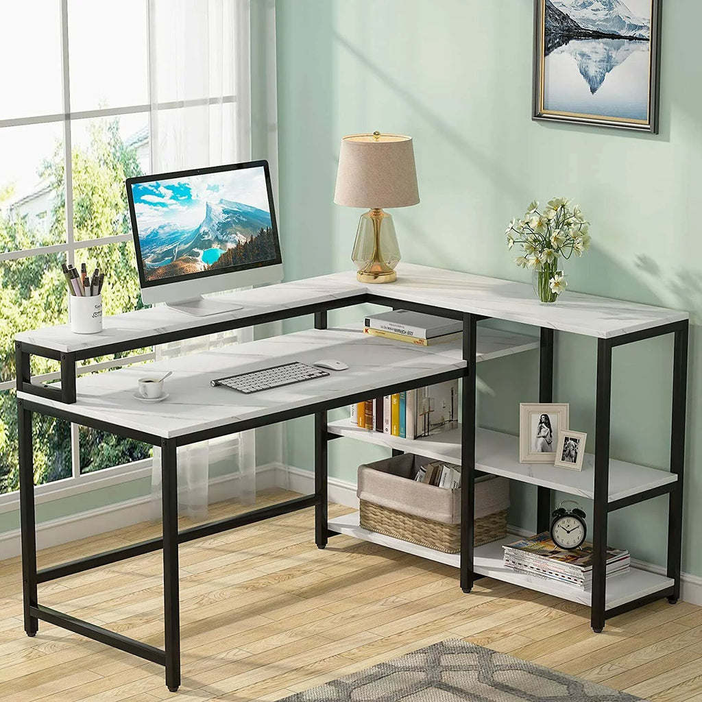 Reversible L Shaped Desk with Hutch and Open Shelves D53683