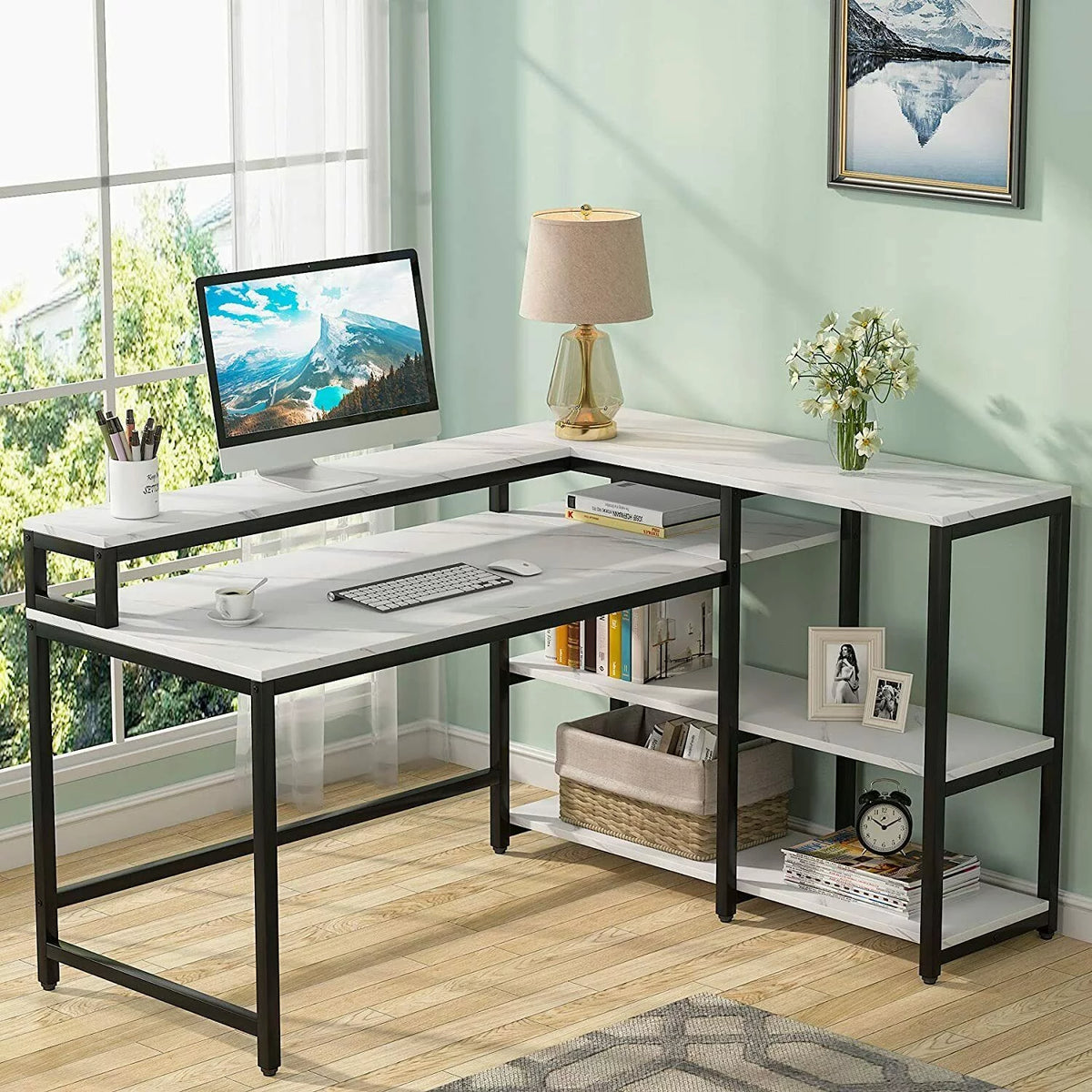 Reversible L Shaped Desk with Hutch and Open Shelves D53683