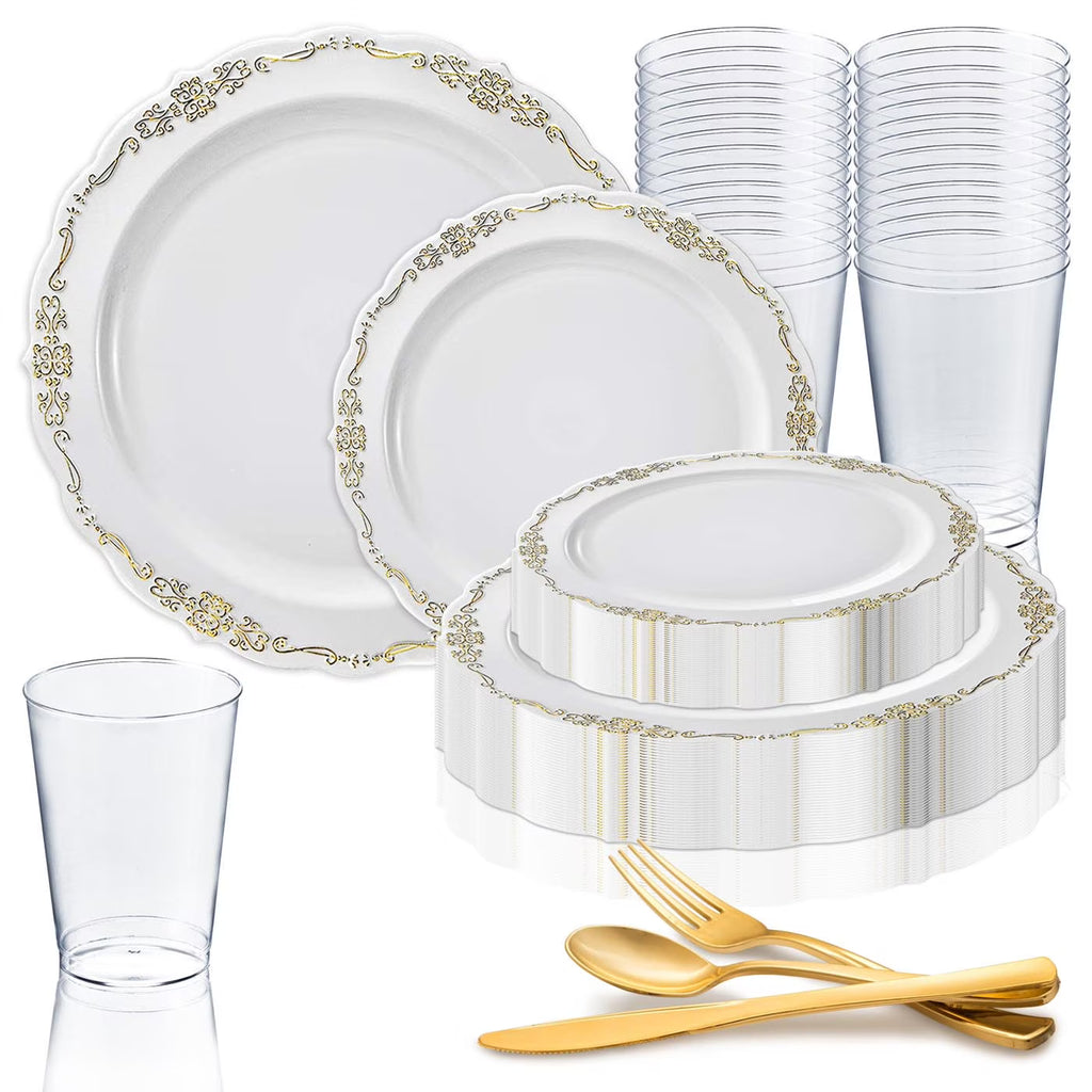 White Gold Disposable Plastic Wedding Value Set (60 Guests) F6272