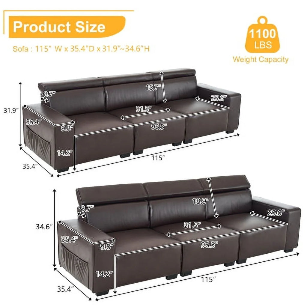 Retro PU Three-Seater Sofa Brown A226864
