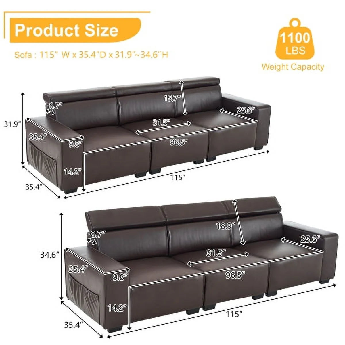 Retro PU Three-Seater Sofa Brown A226864