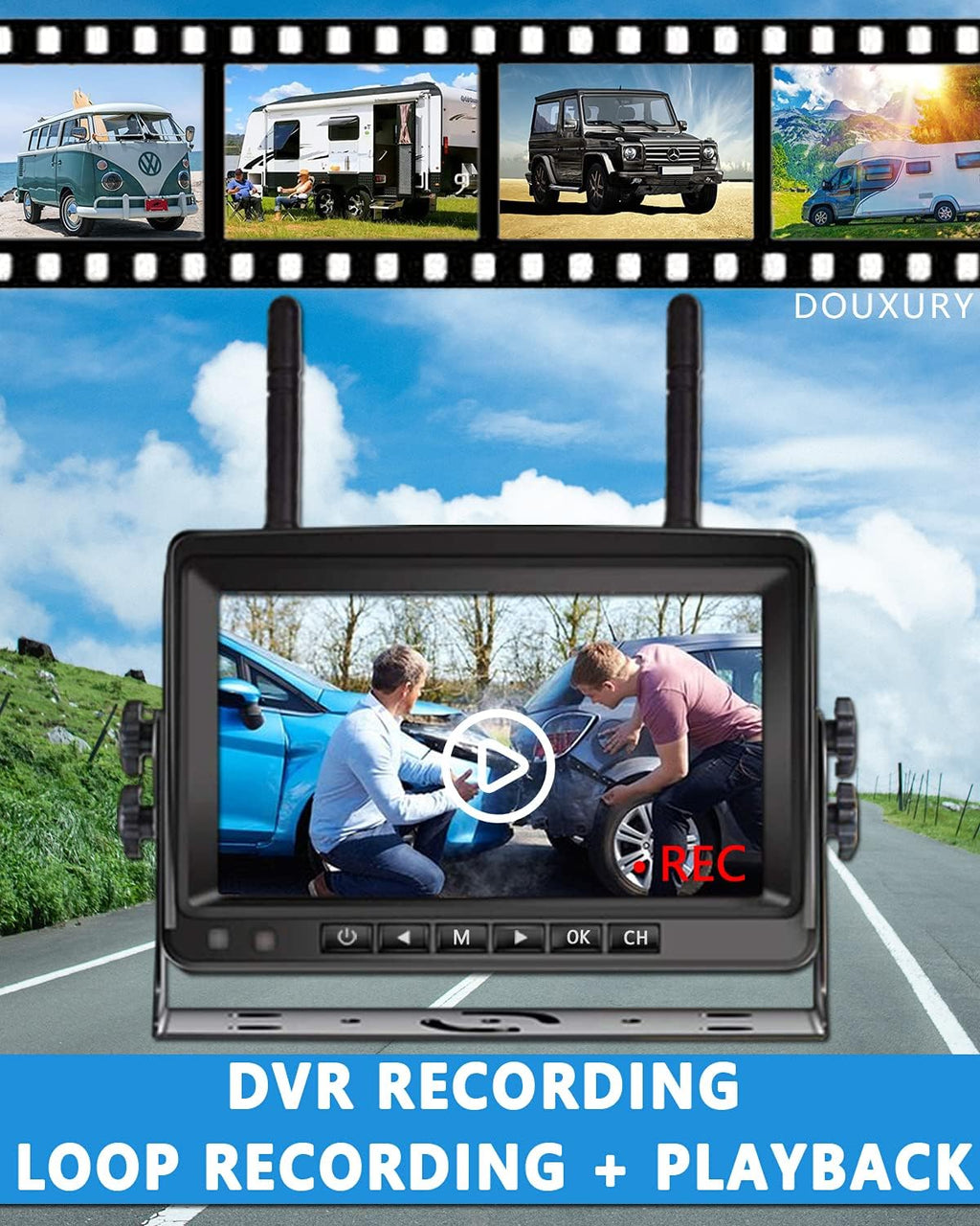 Wireless Backup Camera IP69 Waterproof 170° Wide View Angle HD 1080P with 7 Monitor V285