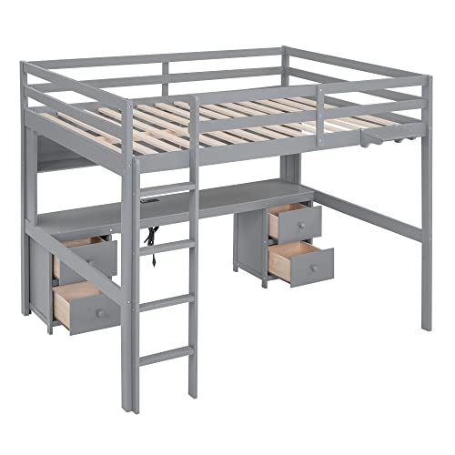 Gray Full Size Wooden Loft Bed with Desk and Storage, 4 Drawers & 4 Shelves A9884