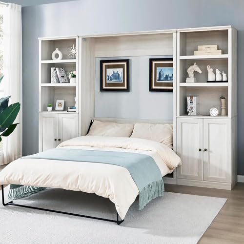 Queen Size White Wood Murphy Bed with Storage Bookcase Shelves S723507