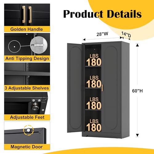 Black Metal Pantry Cabinet with Doors and 4 Adjustable Shelves T521222