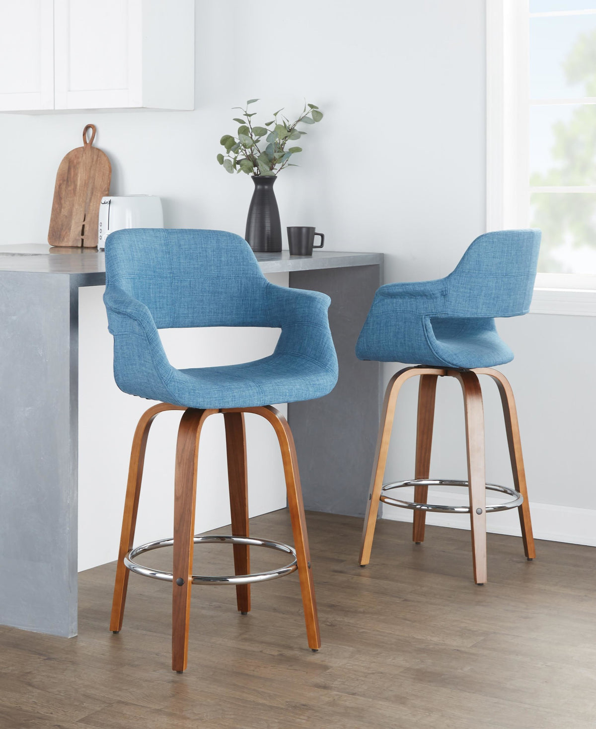 26" Mid-Century Modern Counter Stool with Swivel in Walnut Wood and Blue Fabric with Round Chrome Metal Footrest - Set of 2 V572