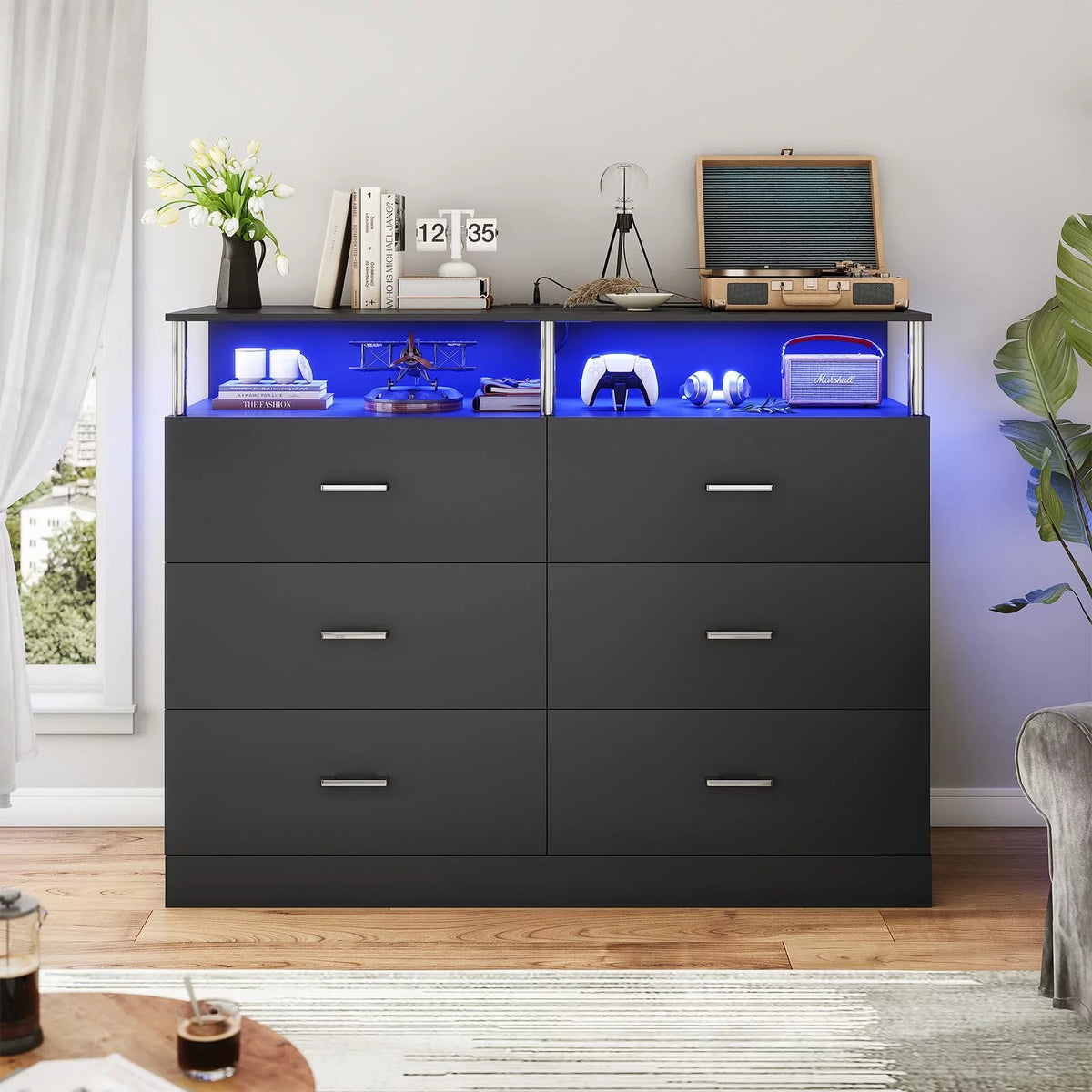 Black 6 Drawer Dresser with Charging Station F3287