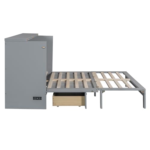 Queen Size Murphy Bed Cabinet Wall Bed with USB and Storage Drawer P71996