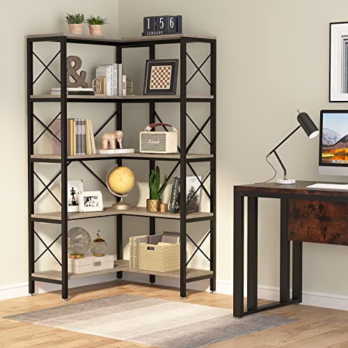 5-Shelf Corner Bookshelf with Metal Frame Grey J824060