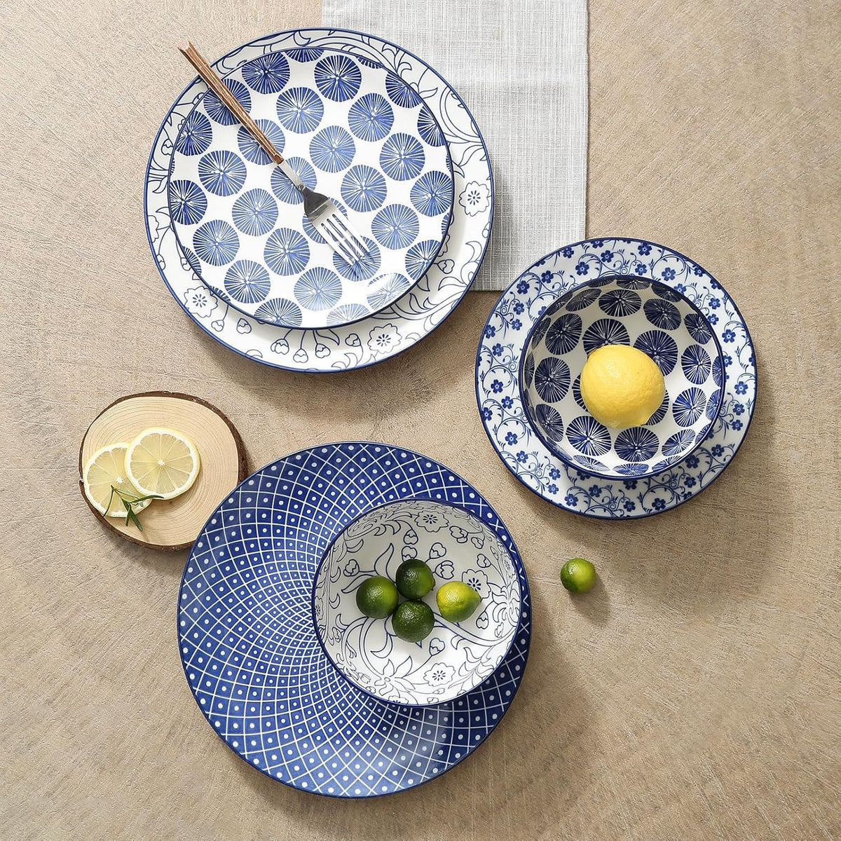 16 Pieces Ceramic Dinnerware Set with 8 Inch Rectangular Salad Plates, Blue H64513