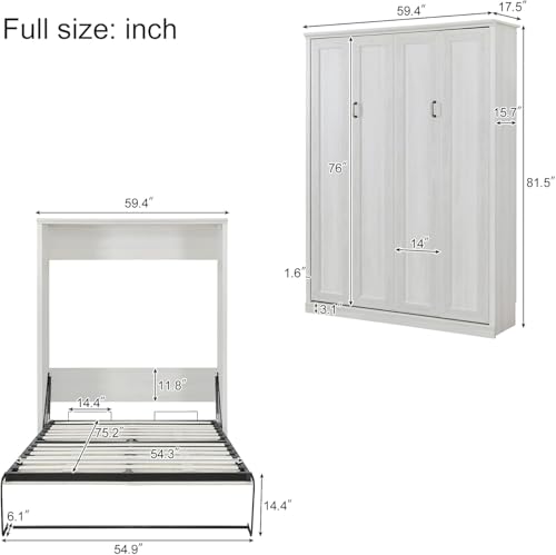 Queen Size White Wood Murphy Bed with Storage Bookcase Shelves S723507