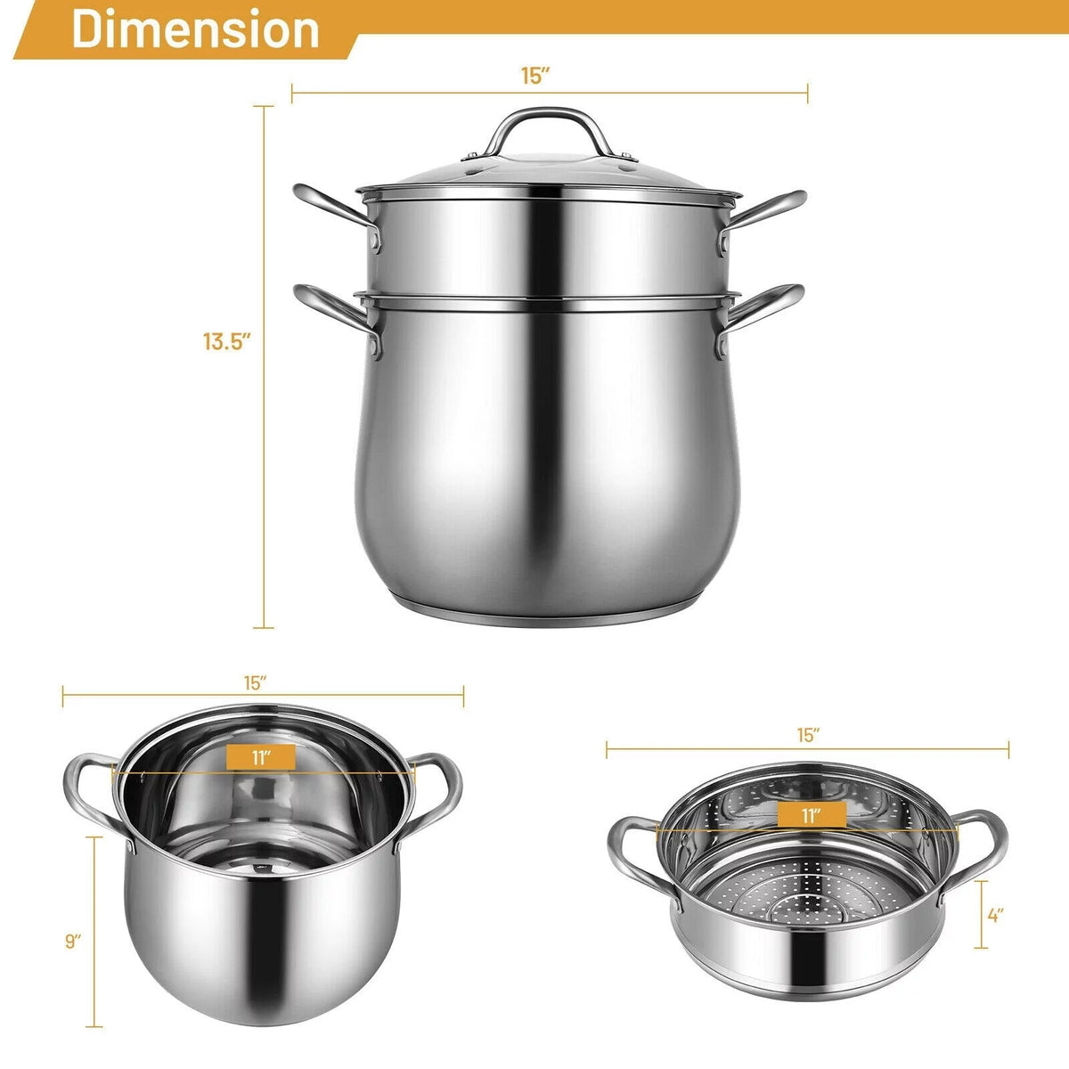 2-Tier Stainless Steel Steamer Pot with Tempered Glass Lid E868