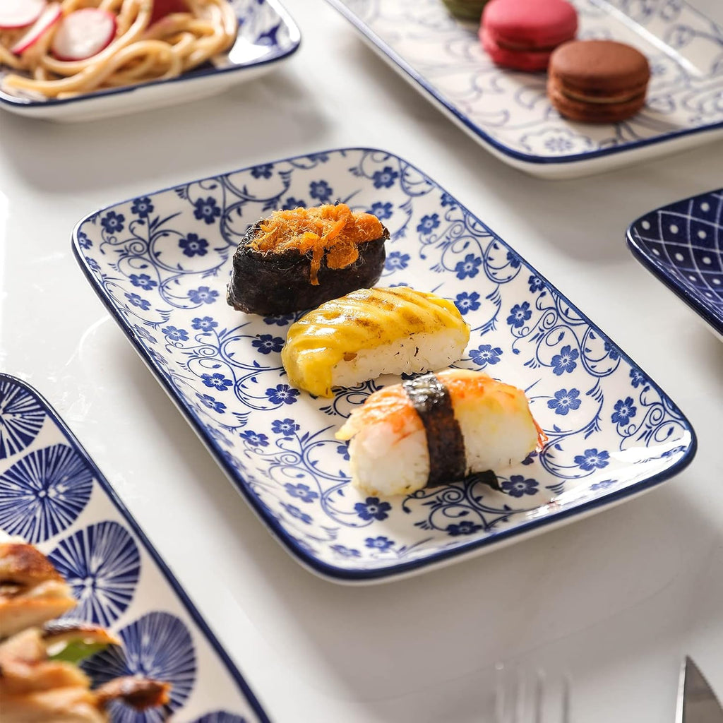 16 Pieces Ceramic Dinnerware Set with 8 Inch Rectangular Salad Plates, Blue H64513