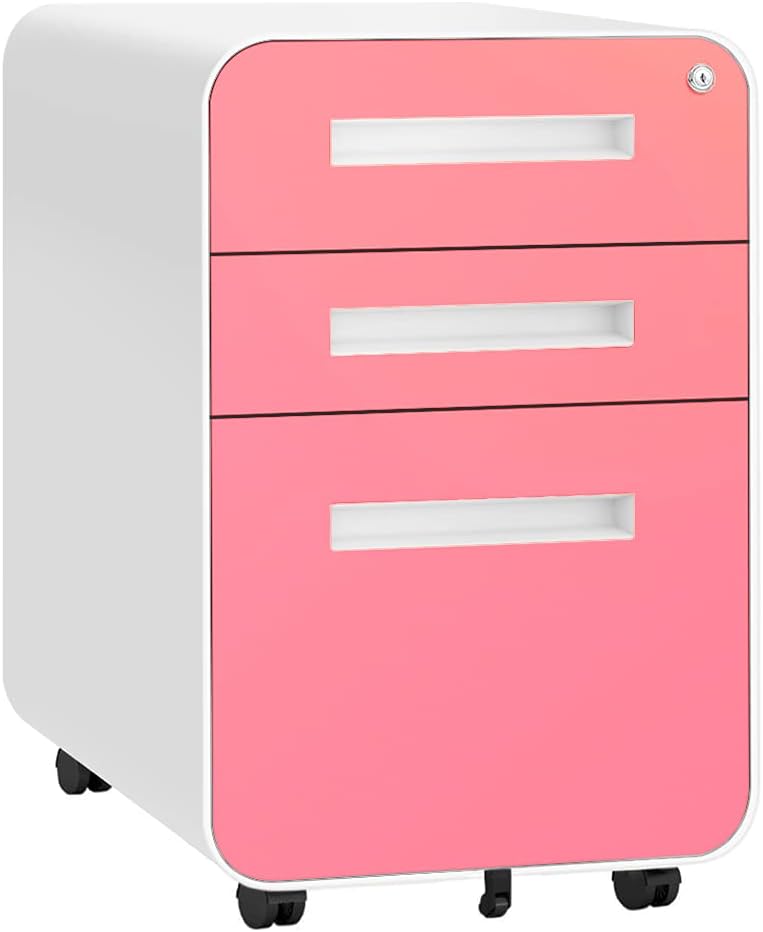 White 3 Drawer File Cabinet with Lock and Wheels I766