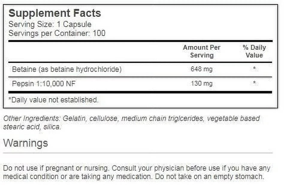 100 Ct Betaine HCl Capsules W15974