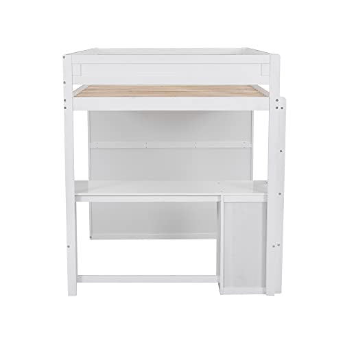 White Wooden Loft Bed with Storage Wardrobe and Desk K213