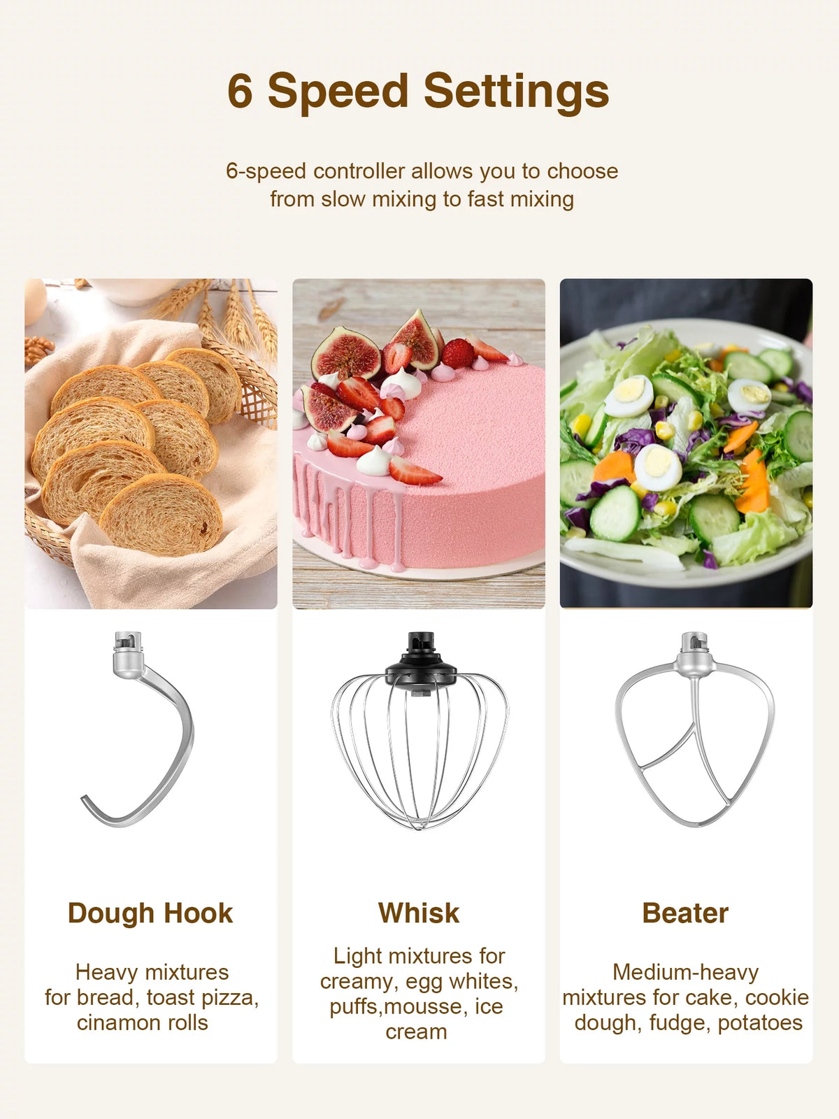 5.5QT Tilt-Head Stand Mixer with Dough Hook, Whisk & Beater, Gold L4304