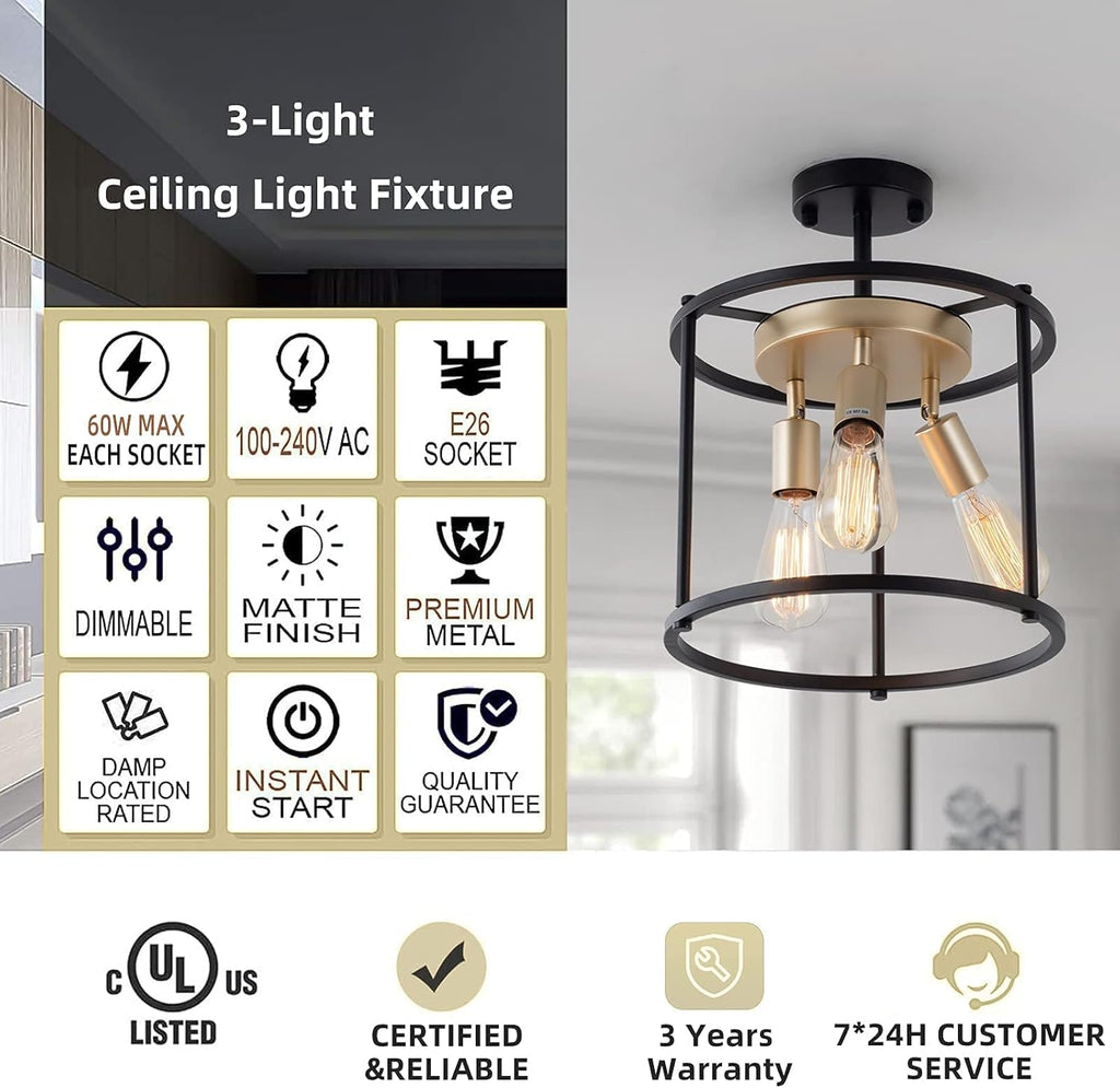 Industrial Semi Flush Mount Ceiling Light Fixture, 3-Light Black Metal Cage Shade L77194