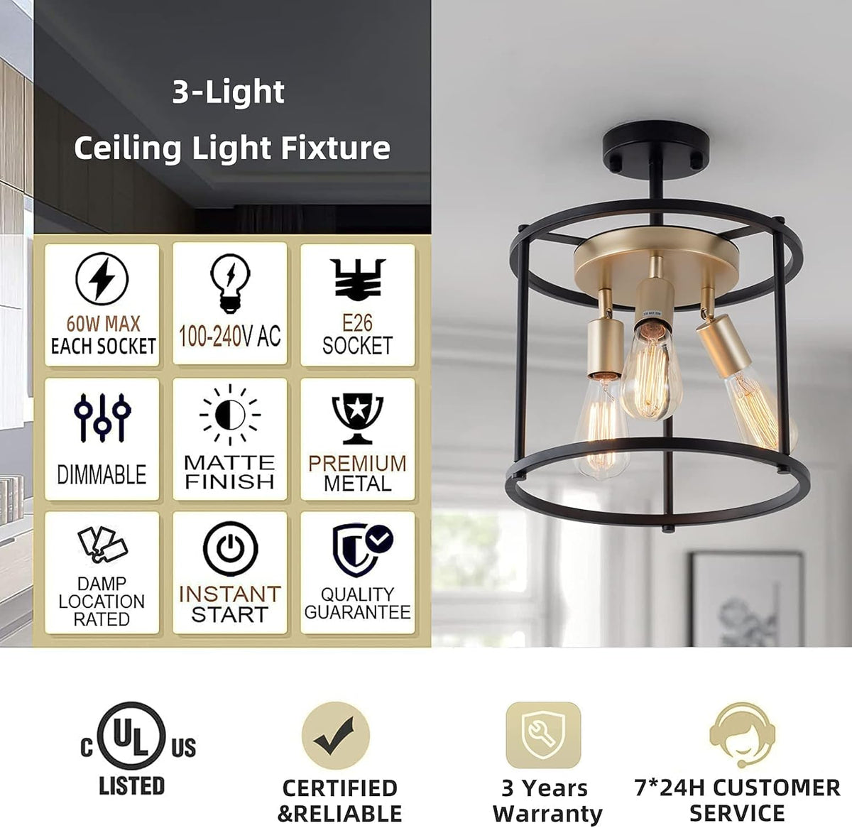 Industrial Semi Flush Mount Ceiling Light Fixture, 3-Light Black Metal Cage Shade L77194