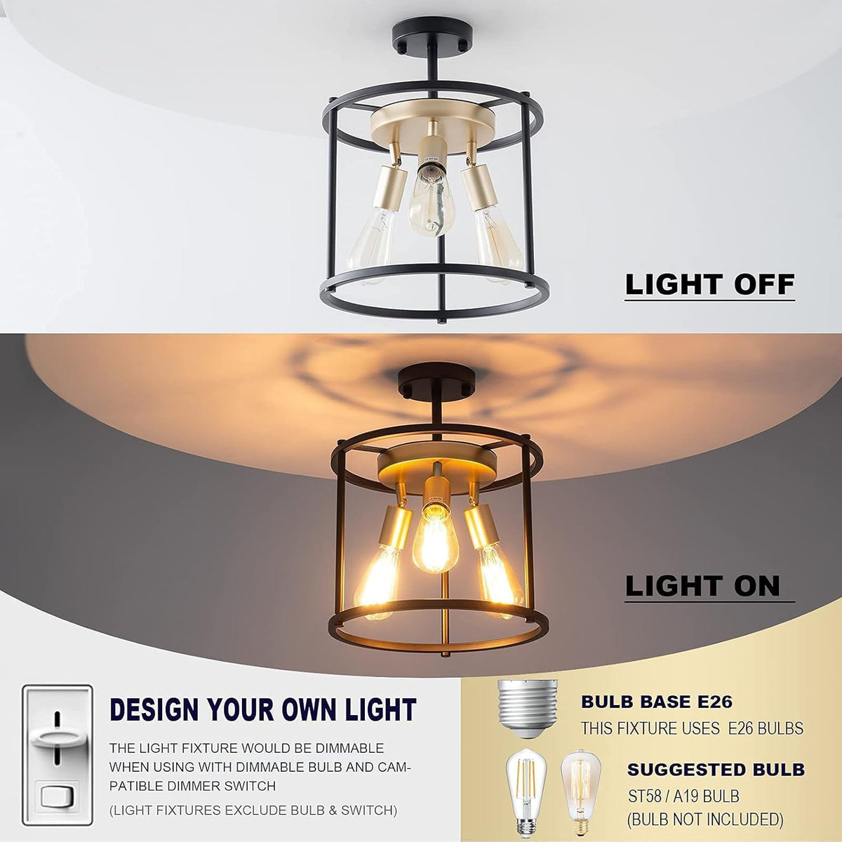 Industrial Semi Flush Mount Ceiling Light Fixture, 3-Light Black Metal Cage Shade L77194