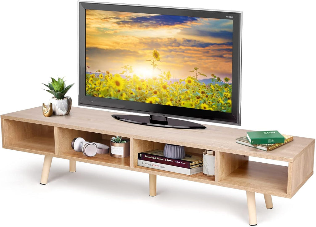 Mid-Century Modern TV Stand with 4 Storage Shelves, Walnut A150756