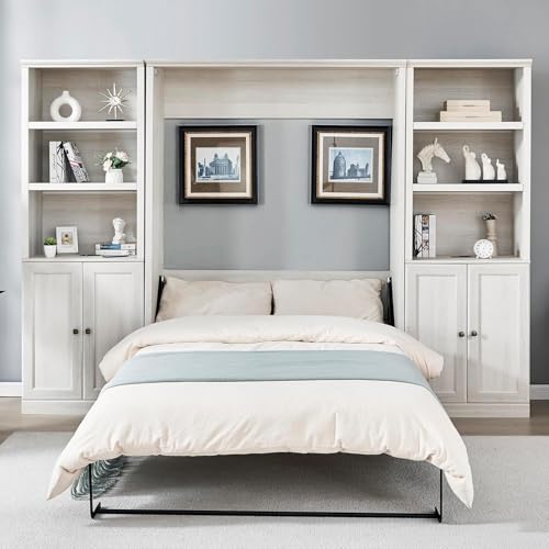 Queen Size White Wood Murphy Bed with Storage Bookcase Shelves S723507
