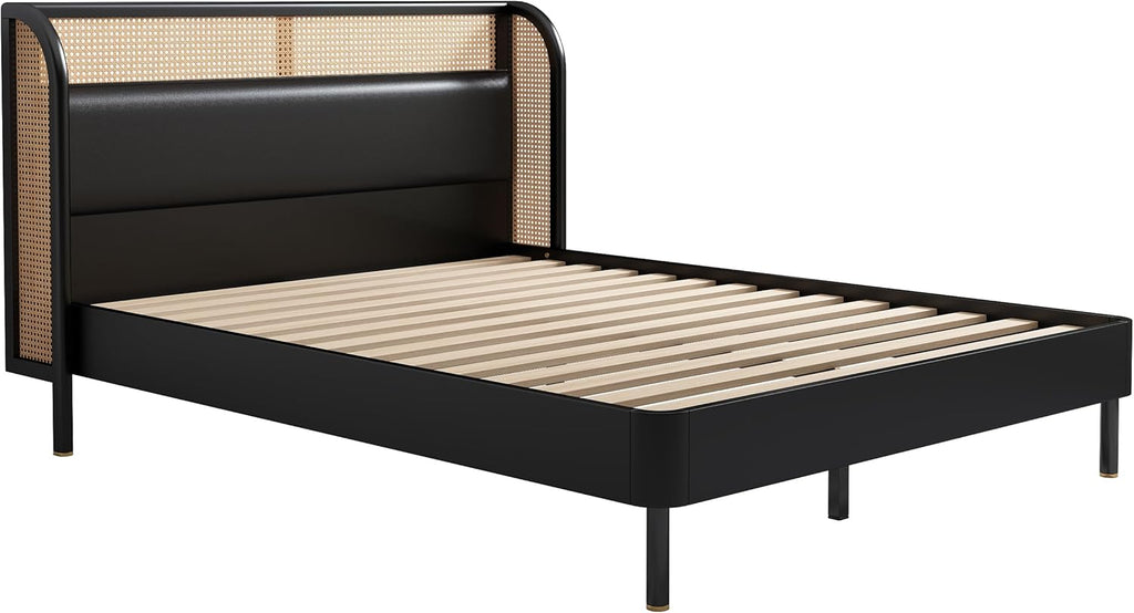 Queen Size Rattan Platform Bed with Wingback Headboard K451