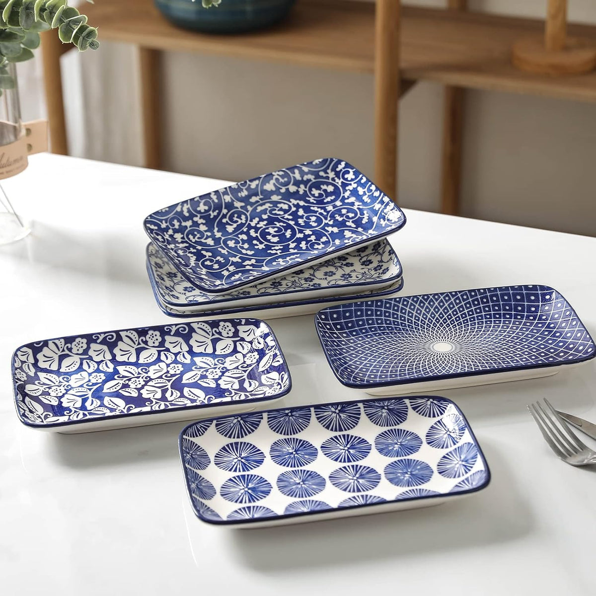 16 Pieces Ceramic Dinnerware Set with 8 Inch Rectangular Salad Plates, Blue H64513