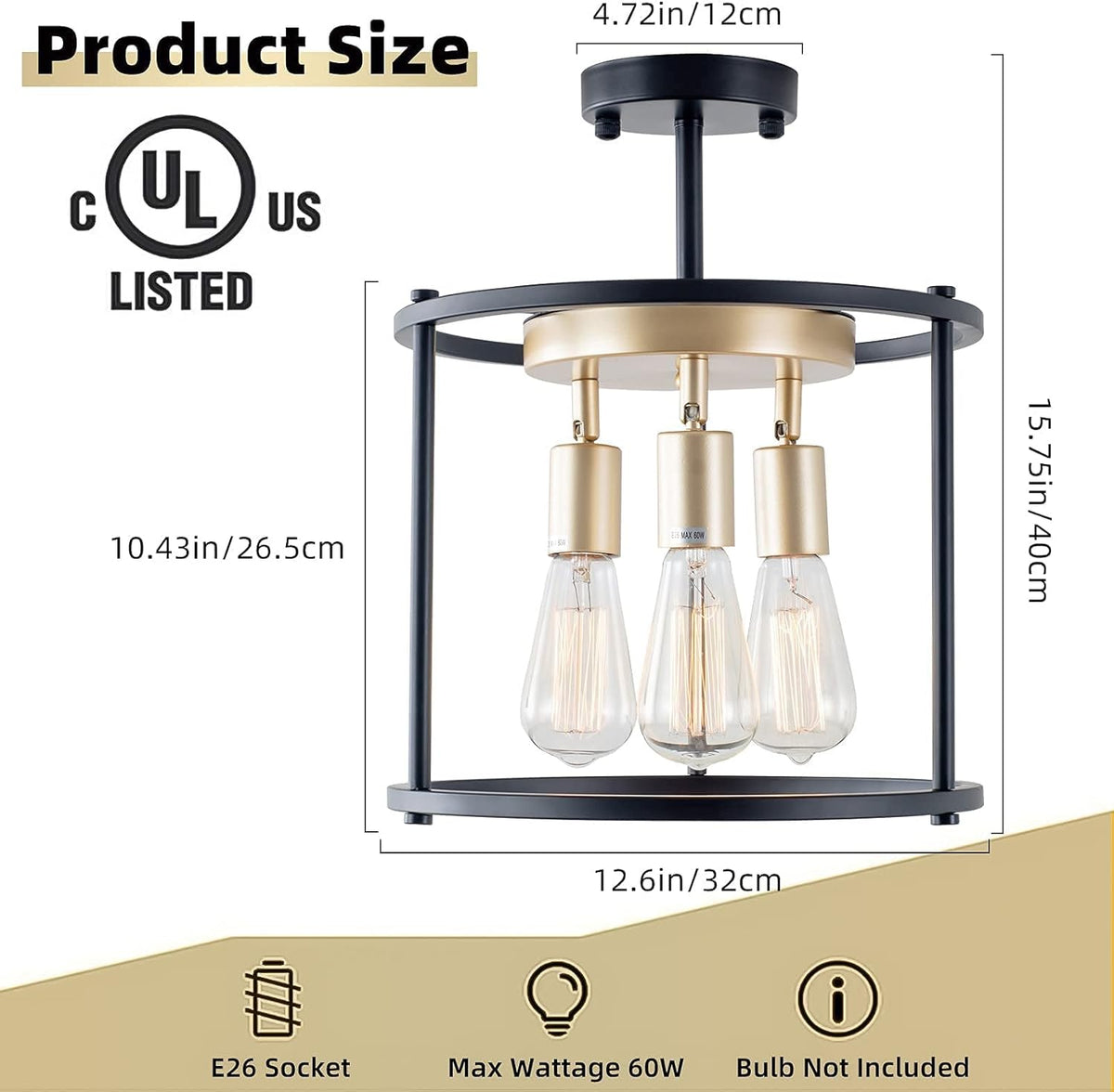 Industrial Semi Flush Mount Ceiling Light Fixture, 3-Light Black Metal Cage Shade L77194