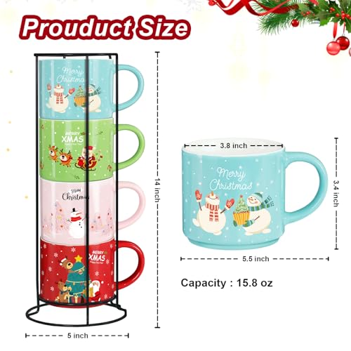 Set of 4 15.8 Oz Stackable Christmas Mugs with Stand R517