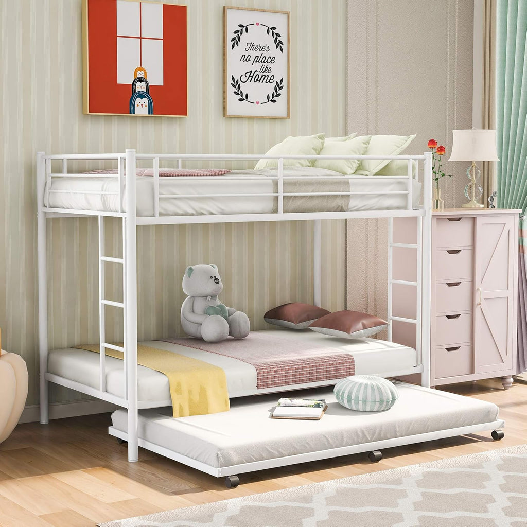 Twin Over Twin Metal Bunk Bed with Trundle and 2 Ladders A772