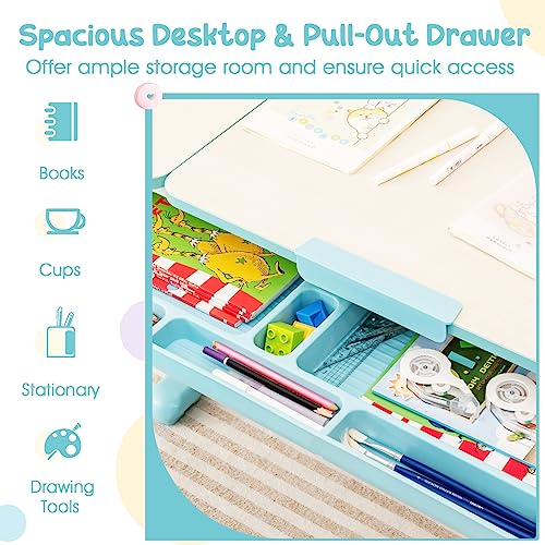 Pink Height-Adjustable Kids Desk and Chair Set with Tiltable Desktop H1142