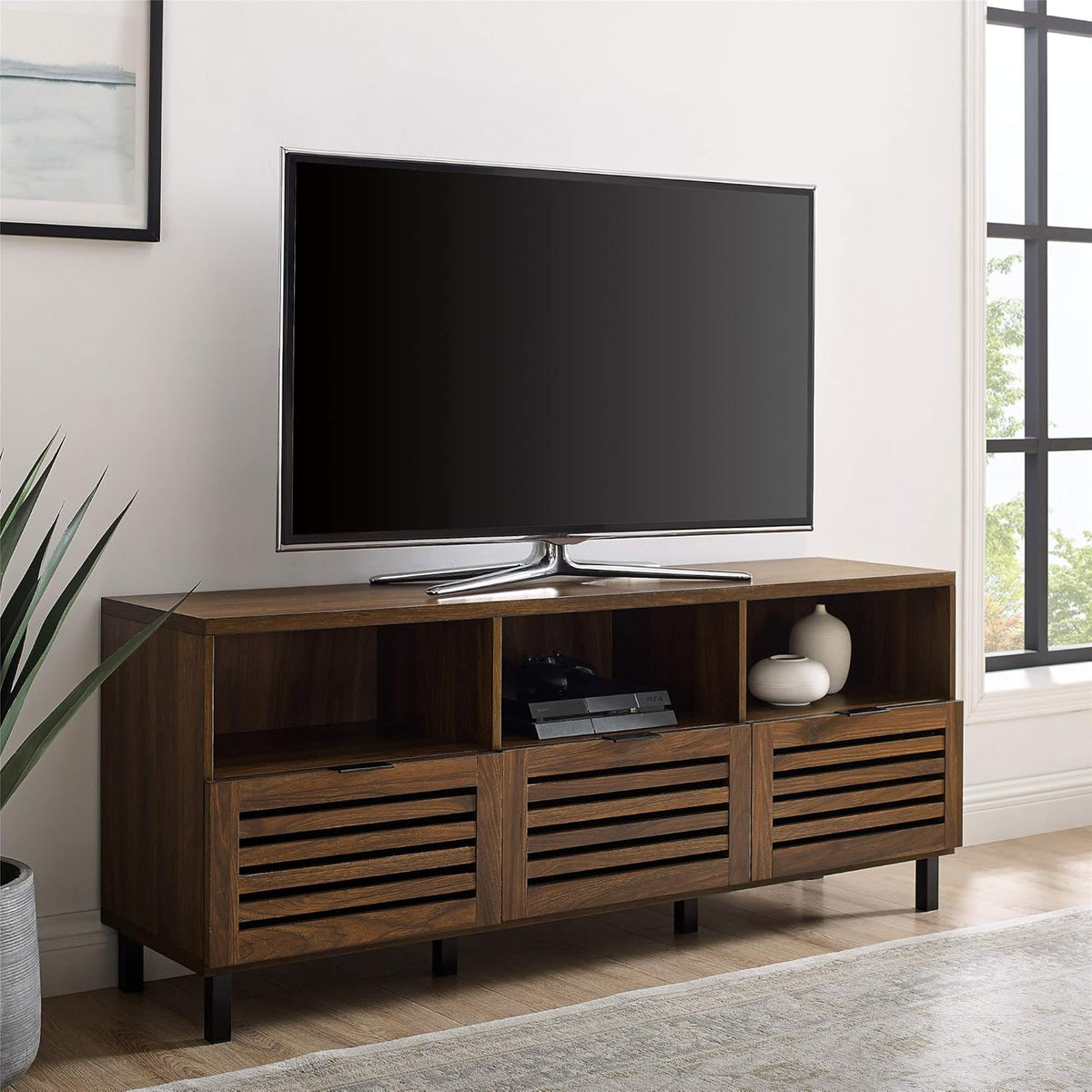 Modern Wood TV Stand with Slat Doors, 58 Inch, Dark Walnut F99735