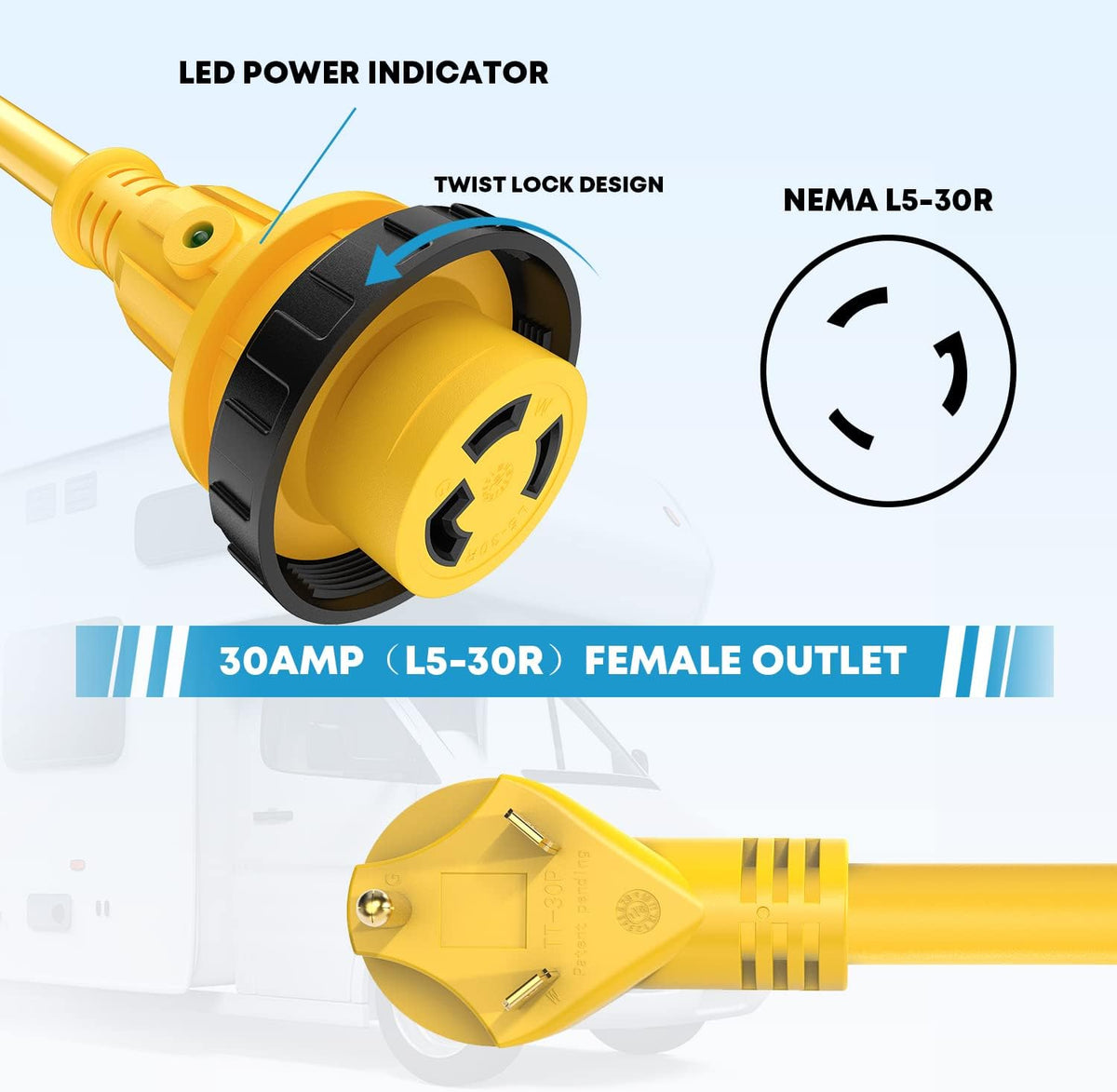 25' 30 Amp RV Power Extension Cord with 15 Amp to 30 Amp Adapter P590930