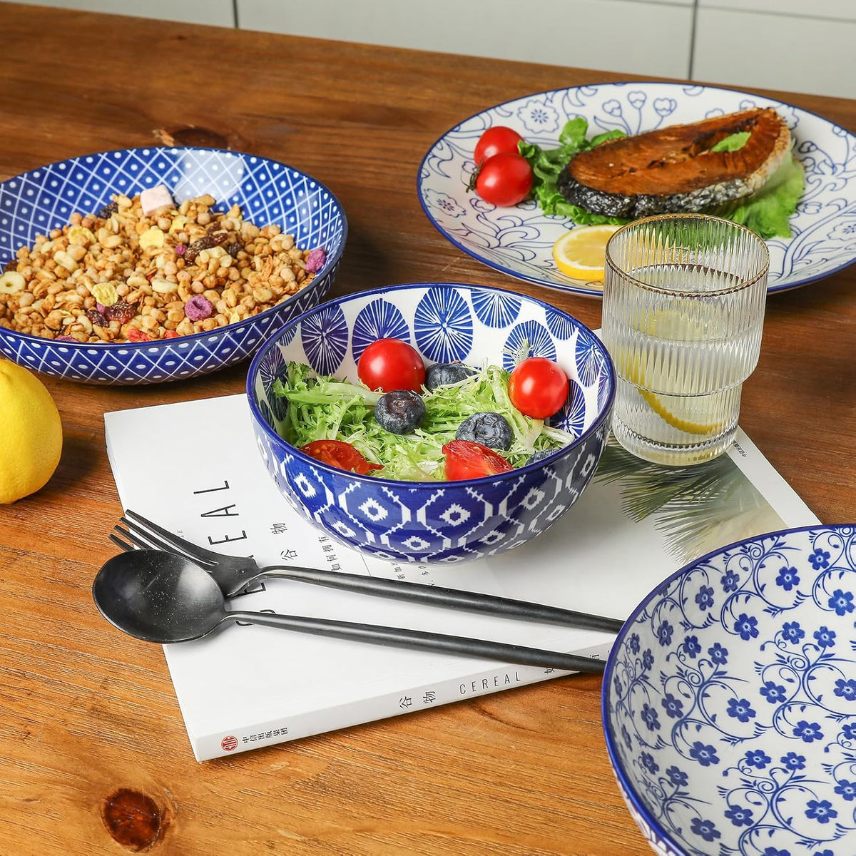 16 Pieces Ceramic Dinnerware Set with 8 Inch Rectangular Salad Plates, Blue H64513