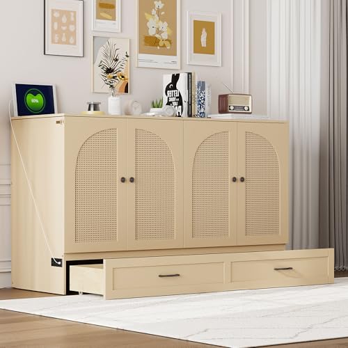 Queen Size Murphy Bed Cabinet Wall Bed with USB and Storage Drawer P71996